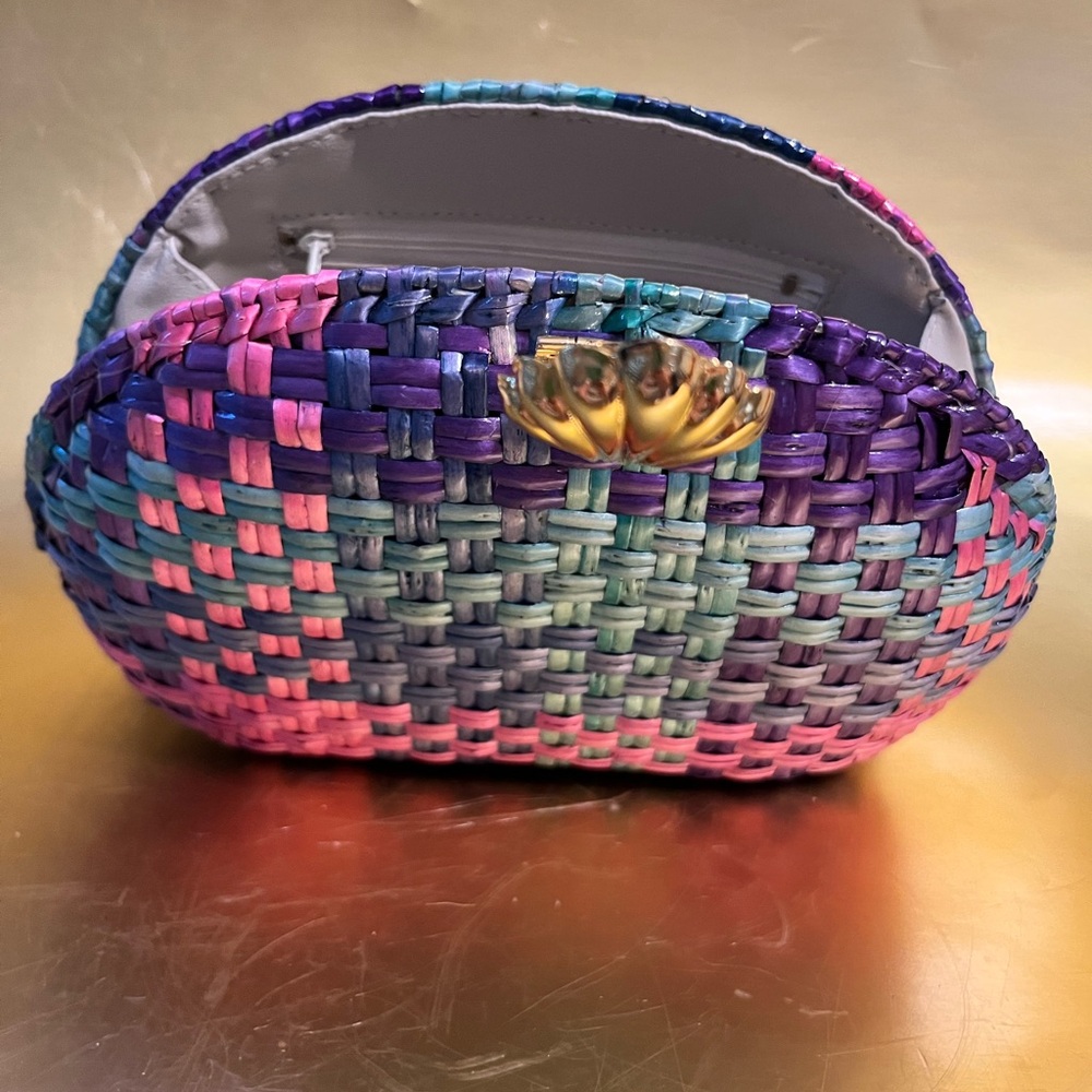 Vanessa Wicker Straw Clutch Crossbody Purse Plaid (pink purple blues) Gold Clasp